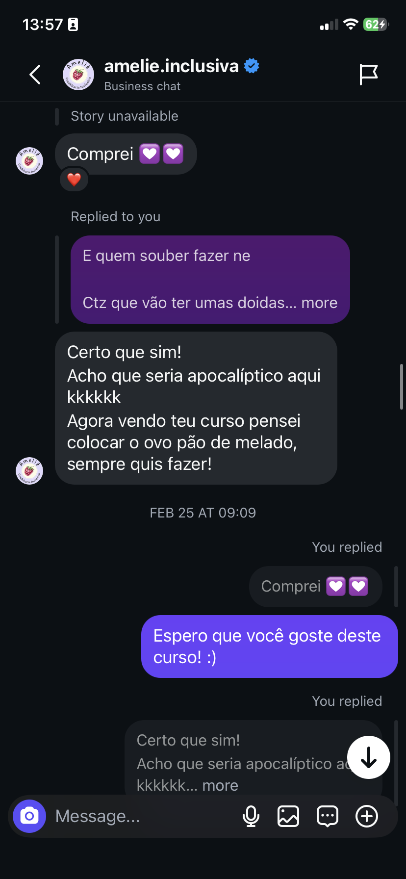 Depoimento de aluna sobre o Pão de Melado Chubby Vegan