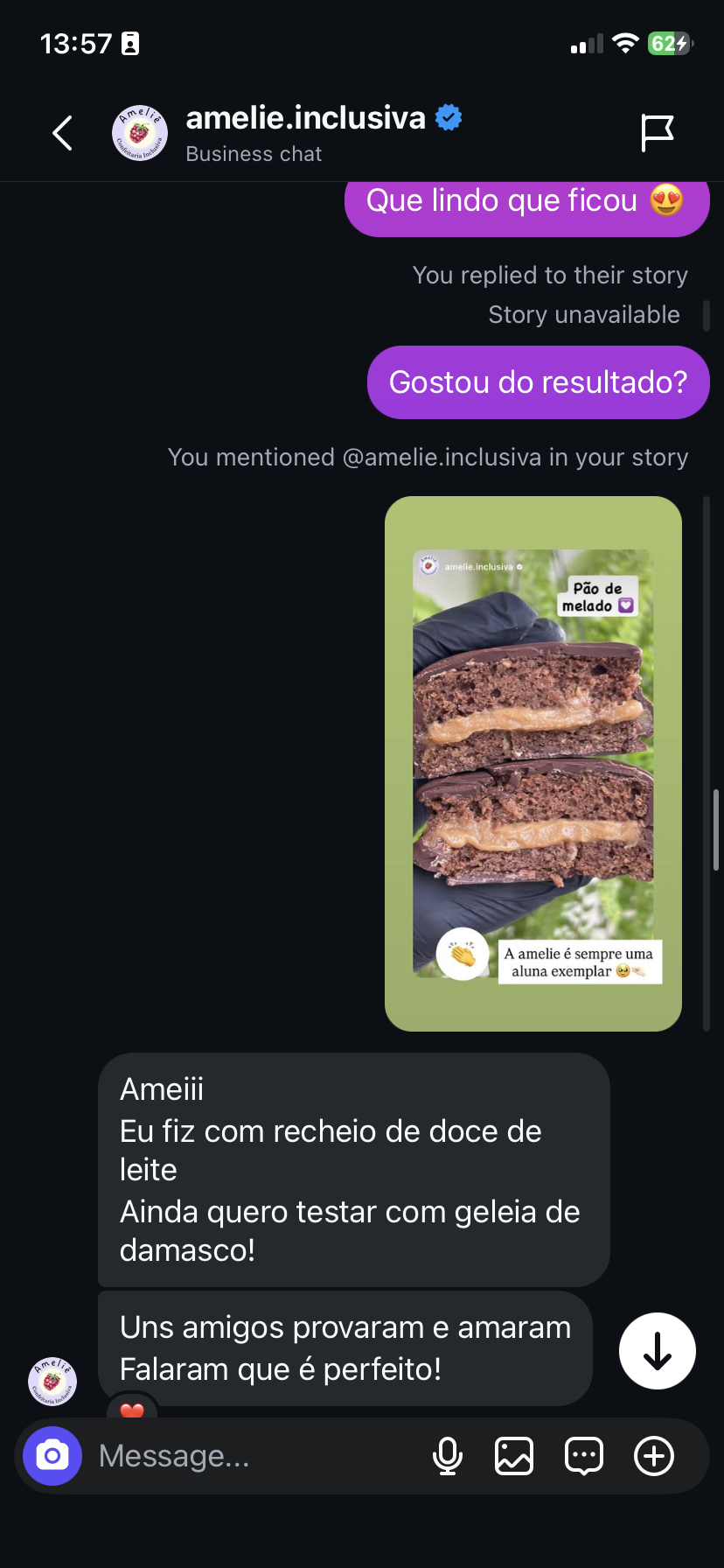 Depoimento de aluna sobre textura e sabor do Pão de Melado