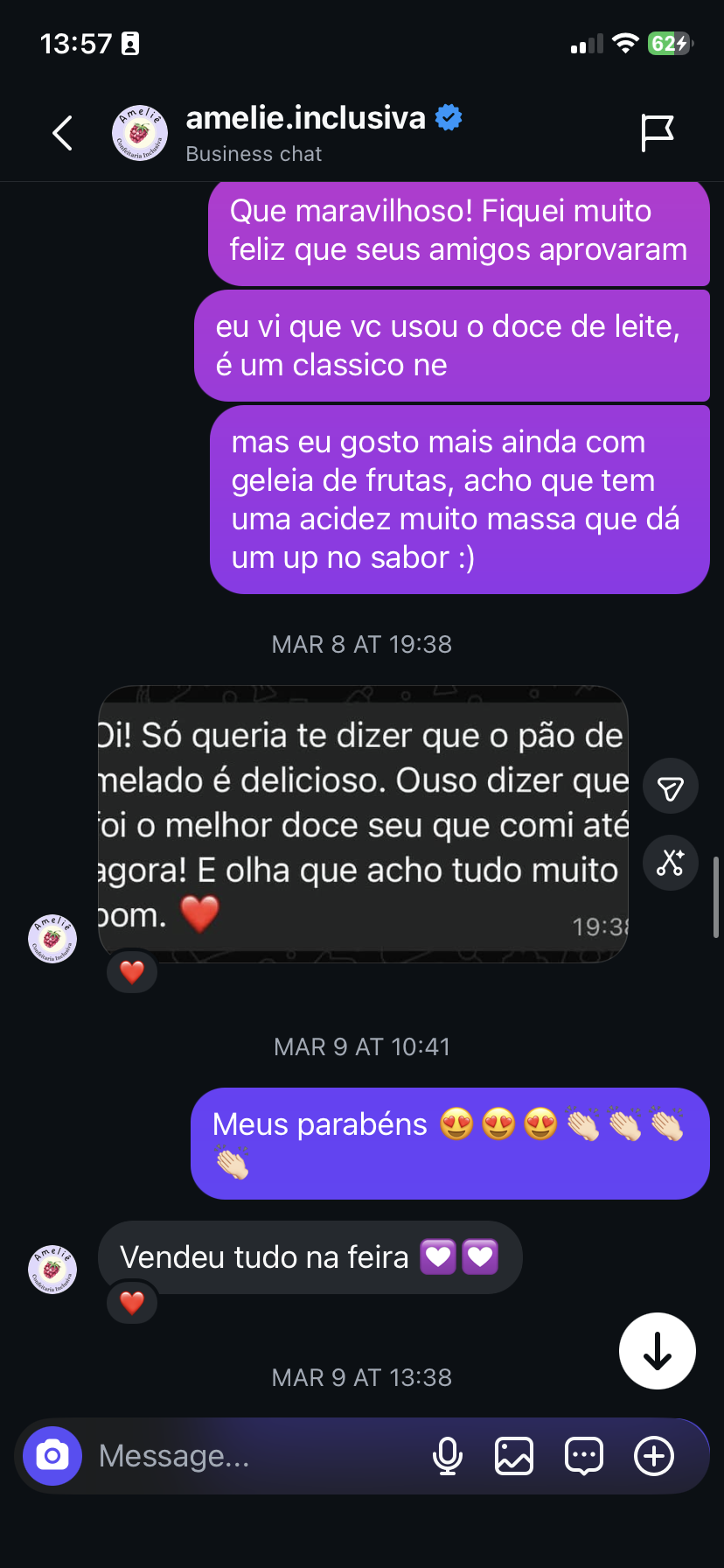 Depoimento de aluna sobre vendas na feira e sucesso do Pão de Melado