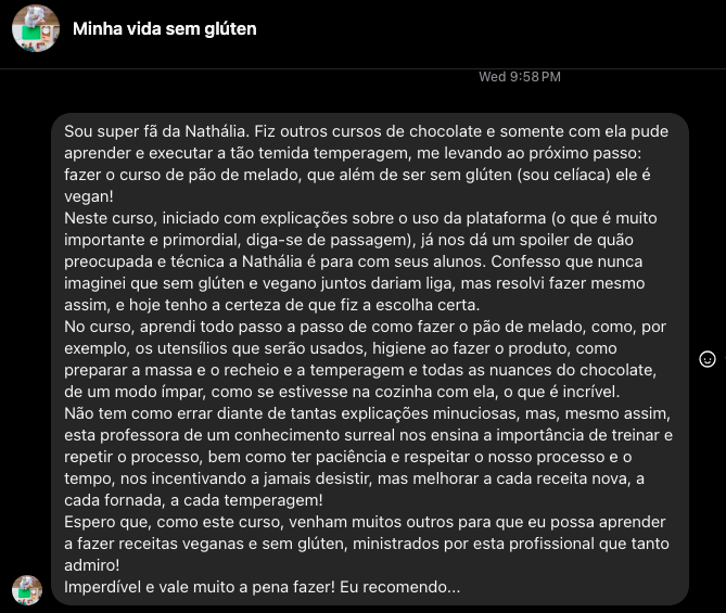 Depoimento de aluna sobre repertório e elogios dos clientes